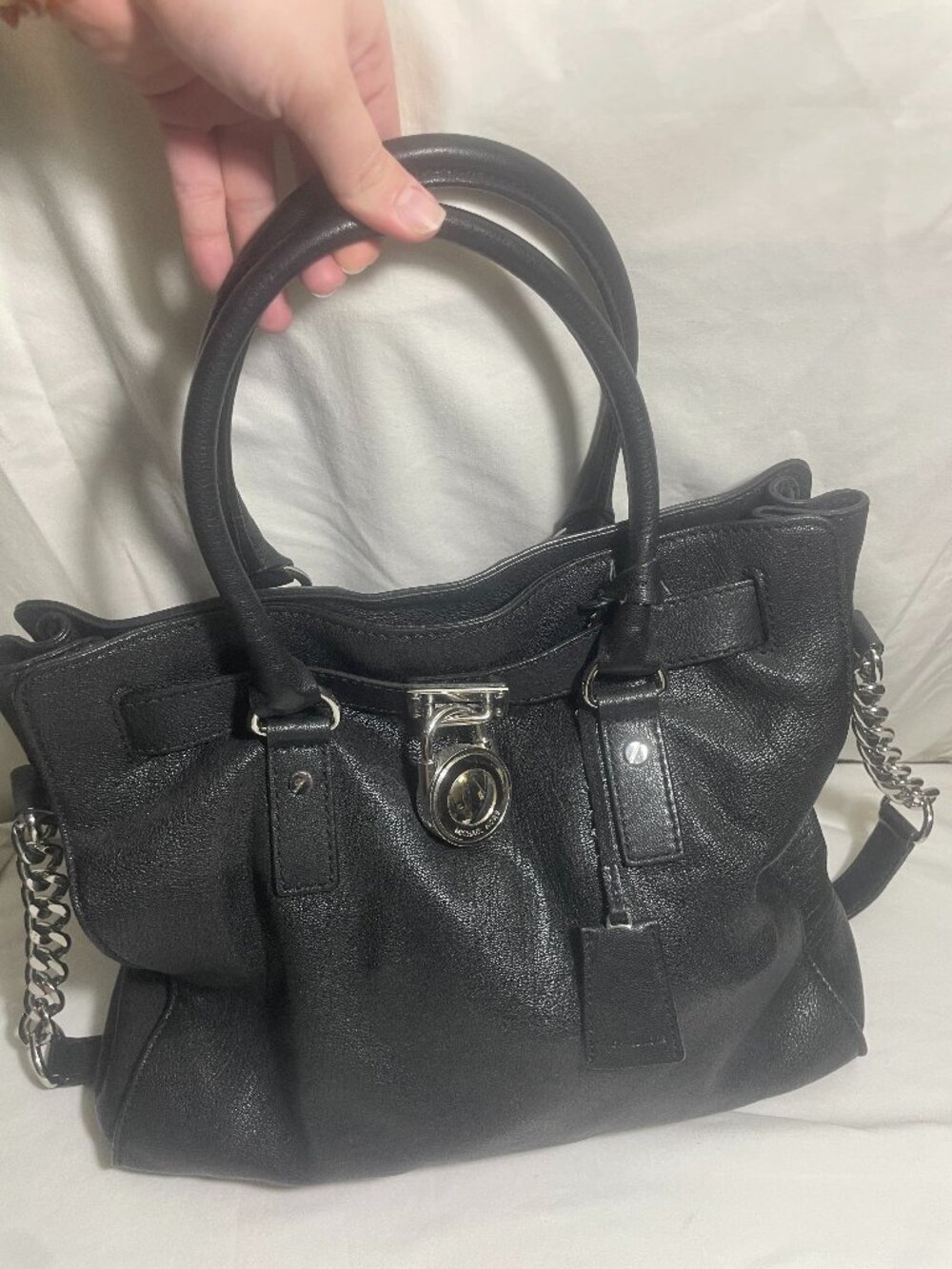 Michael Kors Hamilton Black Leather Satchel Handbag Chain Shoulder Strap